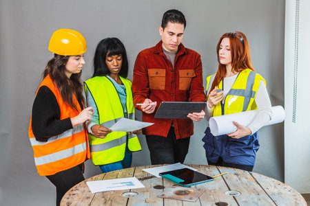 Female workers on a construction site who are confronted with the manager. Projects in hand and tablet with information. Brain storming before workの写真素材