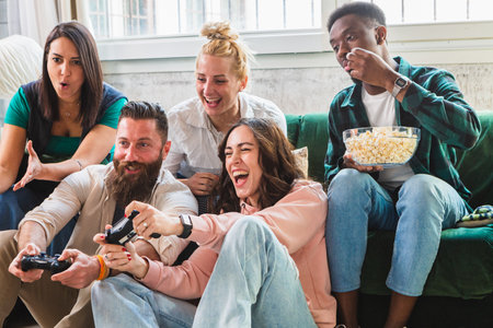 Mixed group of friends having fun playing video games while sitting on sofa. Fun at home between boys and girls with a challenge with a consoleの写真素材