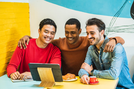Guy friends sitting at a table in a cafÃ© during breakfast, watching a funny video on their tablet with amusement. Moment of fun and relaxation.の写真素材
