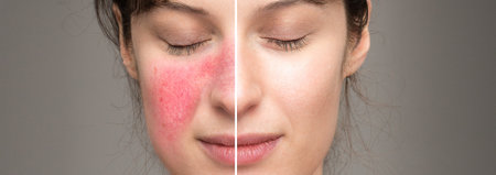 signs and symptoms of rosacea: natural cures in the treatment of skin disorders. Couperose before and after laser treatmentの写真素材