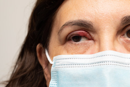 Woman eye with stye in her eyelid. Swollen eye on the eyelid which then appears deflated and healthyの写真素材