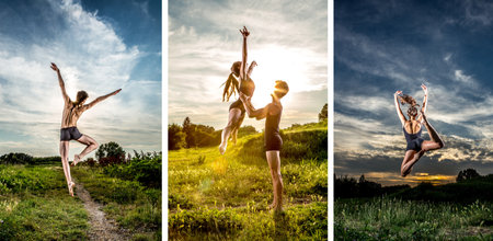 Collage of images of dancers who are dancing. Taken by dancers, jumps and splits in the air. Dark and theatrical atmosphere at sunsetの写真素材