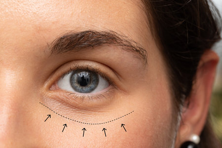 Closeup of a young woman's eye with lines and arrows for the correction of skin blemishes such as bags under the eyes, dark circles, wrinkles, crow's feet and blepharoplastyの写真素材