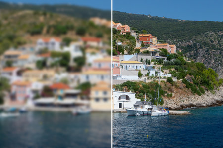 Simulation of the view of a panorama of a subject with myopia. Comparison between before and after a laser surgery to correct the cornea, or vision with and without contact lenses or glassesの写真素材