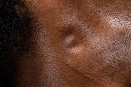 Macro of swollen lymph nodes in the neck of an African man, immune response of the lymphatic system or the possibility of malignancyの写真素材