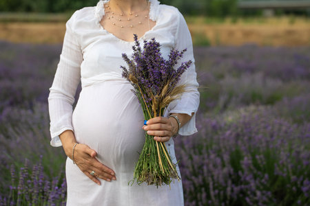Closeup of the belly of a pregnant woman in a lavender field. Unrecognizable anonymous person in a white suit with hands resting on his belly.の写真素材