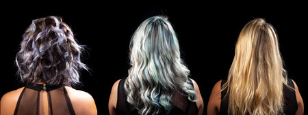 different female hairstyles isolated on black background. Haircut, color and balayam effect.の写真素材