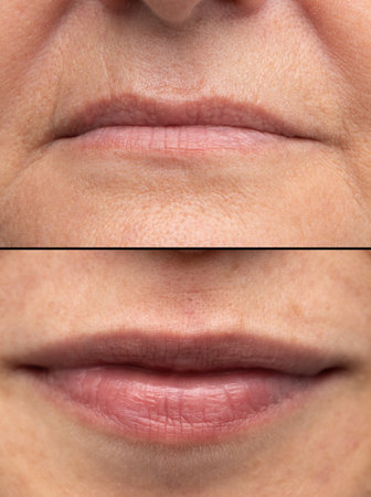 Comparison between old and young lips. Problem of wrinkles and dry, dehydrated skin in aged lips.の写真素材