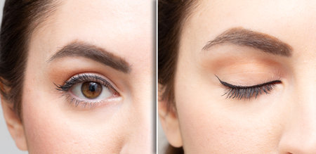 Close up of woman eyes with one to one eyelash extension. Natural make-up results.の写真素材