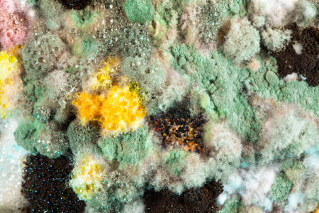 Macro of a cluster of colorful molds that have infected spoiled food leftovers in the refrigerator,...