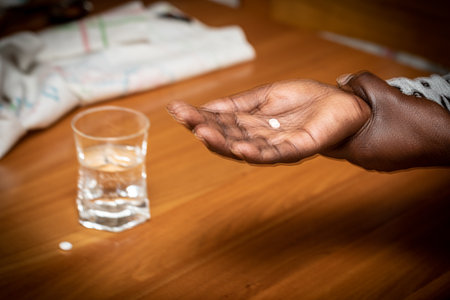 Blurry closeup of an African lady's shaking hands with pills and a glass of water. Concept of Parkinson's disease related problems due to tremor cure drugs.の写真素材