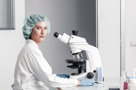 Softly tinted posed portrait of a female scientist under a microscope in a laboratory, concept of...