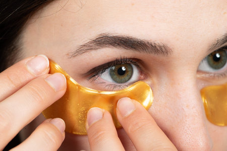 Young woman applying golden under eye collagen mask on her face and looking at camera, close-up....