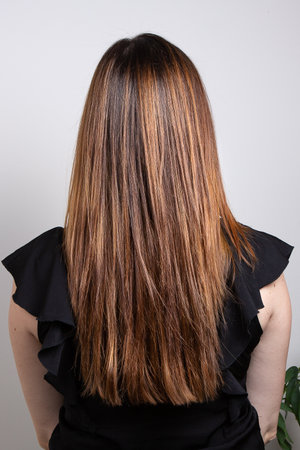Half body portrait of back view of a long brown-haired woman wear black clothes over white background. High-quality photoの写真素材
