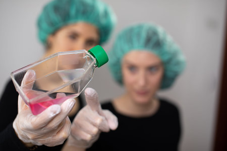 student examination of fluid solution laboratoryの写真素材