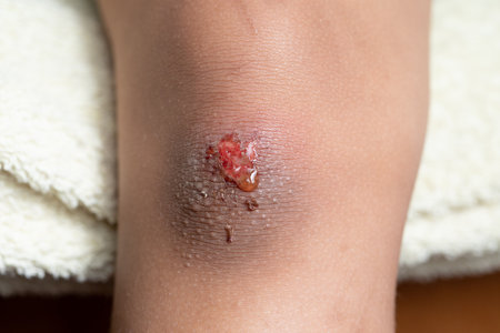 wound on the knee of a young woman, close-upの写真素材