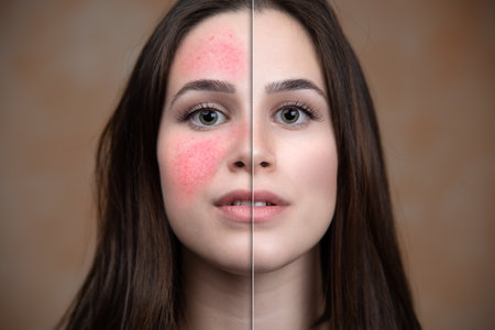 A young Caucasian woman shows the before and after results of intensive laser treatment to remove the symptoms of rosacea. A noticeable reduction in cheek rednessの写真素材