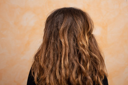 brown-blond girl with long and brittle hair seen from the shouldersの写真素材