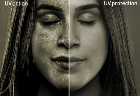 A split screen showing the results of sun rays on the soft face of a girl in her early twenties. After effects of skin with and without UV protectionの写真素材