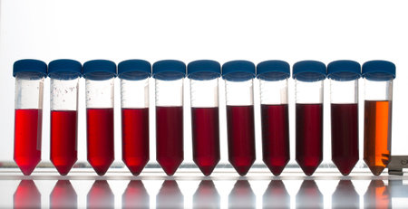 Test tubes with liquid in a rowの写真素材