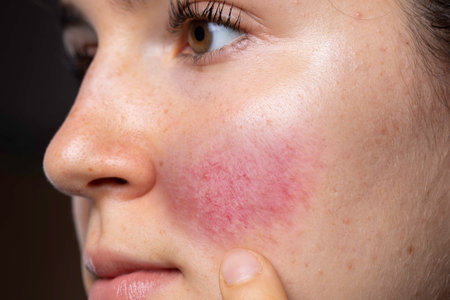 A young Caucasian lady is seen closeup, pointing towards her rosy red cheeks. A common symptom of rosacea in young adults. Copy space on the rightの写真素材