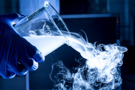 Laboratory glassware with chemical liquid in scientist hand, science backgroundの写真素材