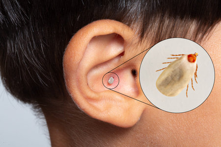 Blood sucking tick, attached to the ear of a human child. Concept of transmission of dangerous...