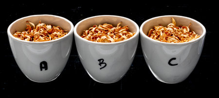Dried samples of Citrus aurantium flowers, dry bitter orange blossoms for quality control on black background.の写真素材