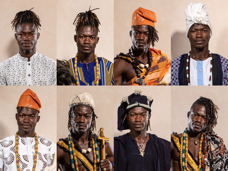 Collage of portraits of an African boy wearing different typical ethnic clothing. Colorful dresses...