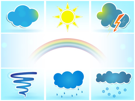 Weather vector icons set with sun, clouds, rain, tornado and snowのイラスト素材