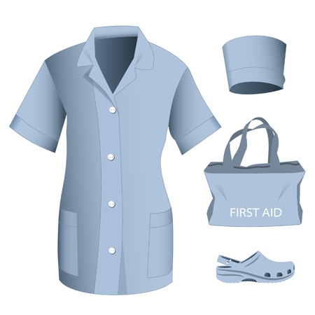 Woman medical blue uniform clothes vector setのイラスト素材
