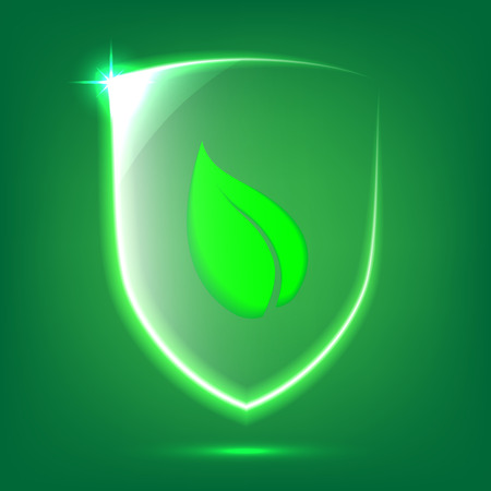 Transparent green glass shield icon with leafのイラスト素材
