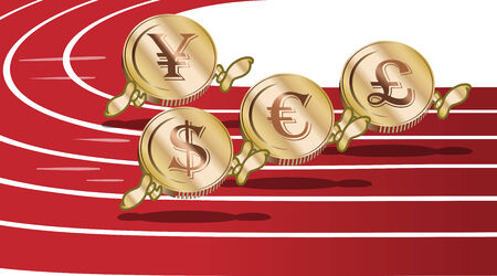 Running cartoon currency coins euro dollar pound and yenのイラスト素材