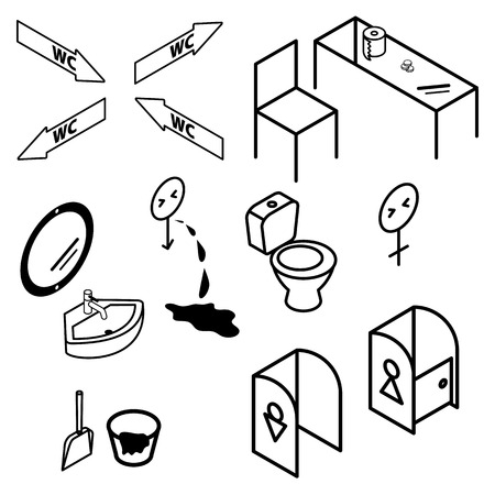 Isometric bathroom and toilet apartment interior black and white contour iconsのイラスト素材