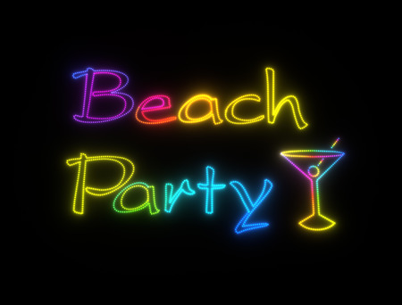 neon shining signboard with words beach party and cocktail with oliveの写真素材