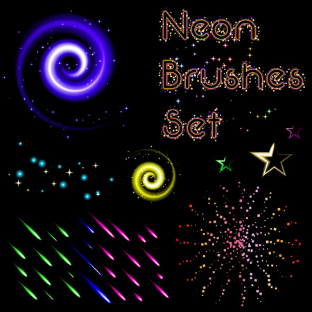 Set of Vector Glowing Neon Brushes for Your Design on Dark Background with Stroke Colorizationのイラスト素材