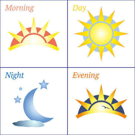 Sun and Moon morning day evening night handdrawn vector icon setのイラスト素材