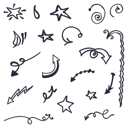 Set of hand drawn pencil sketch border and decorative elements of stars, arrows and floralのイラスト素材