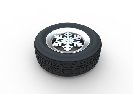 Set of winter tires with the rim of snowflake shape isolated on white background 3d illustrationの写真素材