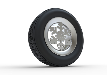 Set of winter tires with the rim of snowflake shape isolated on white background 3d illustrationの写真素材