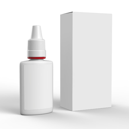 Clean mockup of nasal spray bottle and box isolated on white background. Ready For Your Design.の写真素材