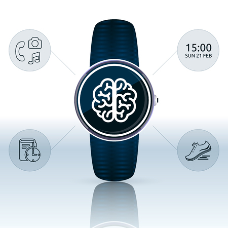 Blue round smart watch with the brain icon on the screen and icons of functions, time, jogging, planning, phone, music and photoのイラスト素材