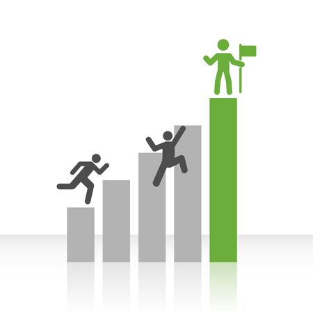 Vector chart with grey and green bars and icons of men clambering up to success.のイラスト素材