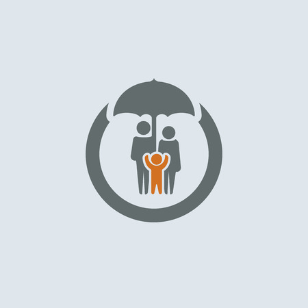 Gray-orange parents with child under umbrella round web iconのイラスト素材