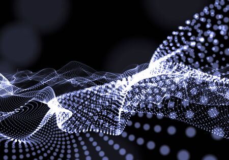 Three-dimensional illuminated abstract digital wave of glowing particles and wireframe. HUD element. Cyberspace field. Conceptual abstract technology backgroundの写真素材