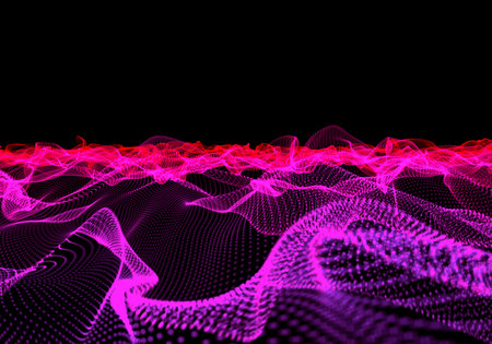 Three-dimensional illuminated abstract digital wave of glowing particles and wireframe. HUD element....