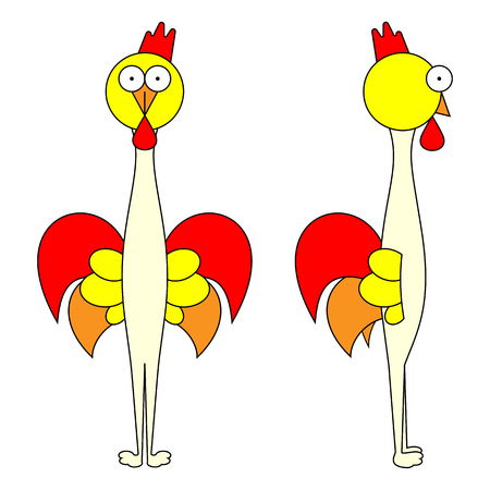 Fire rooster funny cartoon illustration, front view and side viewのイラスト素材
