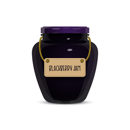 Glass jar of blackberry jam with label isolated on white background. Realistic vector illustrationのイラスト素材