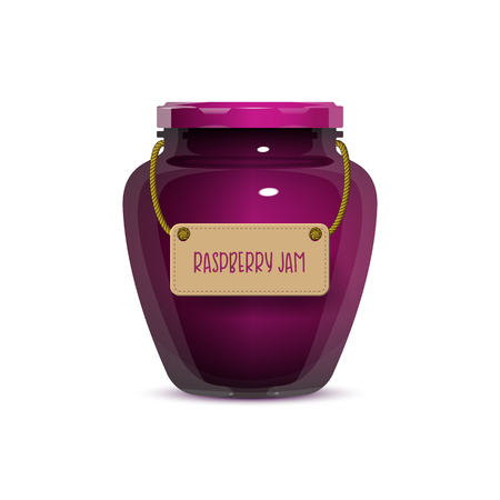 Glass jar of raspberry jam with label isolated on white background. Realistic vector illustrationのイラスト素材