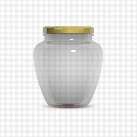 Empty transparent glass jam jar on tablecloth background. Realistic vector illustrationのイラスト素材